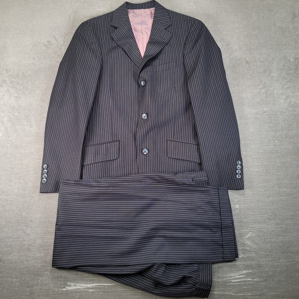 Billy London‎ Mens 2 Piece Suit 36R W30 Black Pinstripe 3 Button Slim BL1-8 9011
